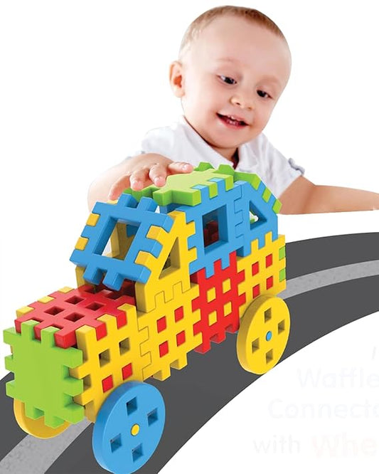 Firstcry Intelliskills Premium 47 Pcs Huge Waffle Connector Building Blocks With Wheels & Smooth Edges for Kids