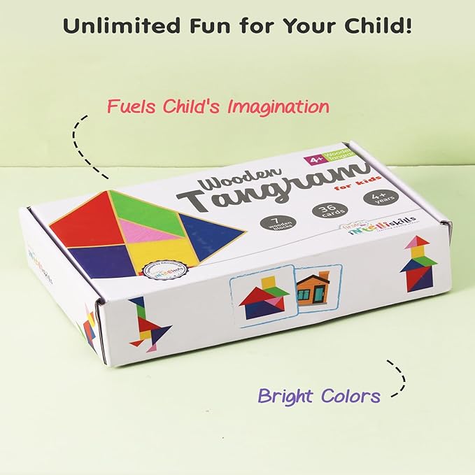 Firstcry Intelliskills Intelliskills 43 Pieces Wooden Tangram Puzzle | 7 Blocks With 36 Activity Cards Montessori Educational Gift for Kids