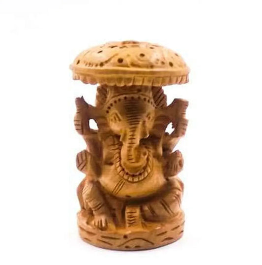 Shri Handicrafts 3" Hand Carved Lord Ganesha with Umbrella Wooden Decorative Idol