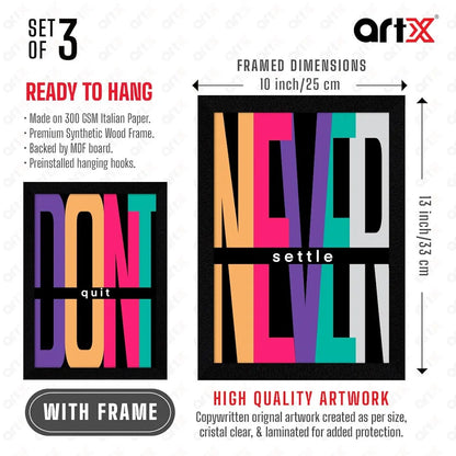 ArtX Paper Never Settle Motivational Quotes Wall Frames Set of 3