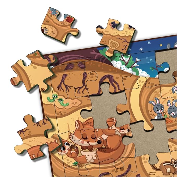 Mini Leaves 35 Piece Jigsaw Puzzle for Kids 3+ Years | Baby Animals & Burrow Jigsaw Puzzle | Wooden Puzzles for Kids | Educational Toys