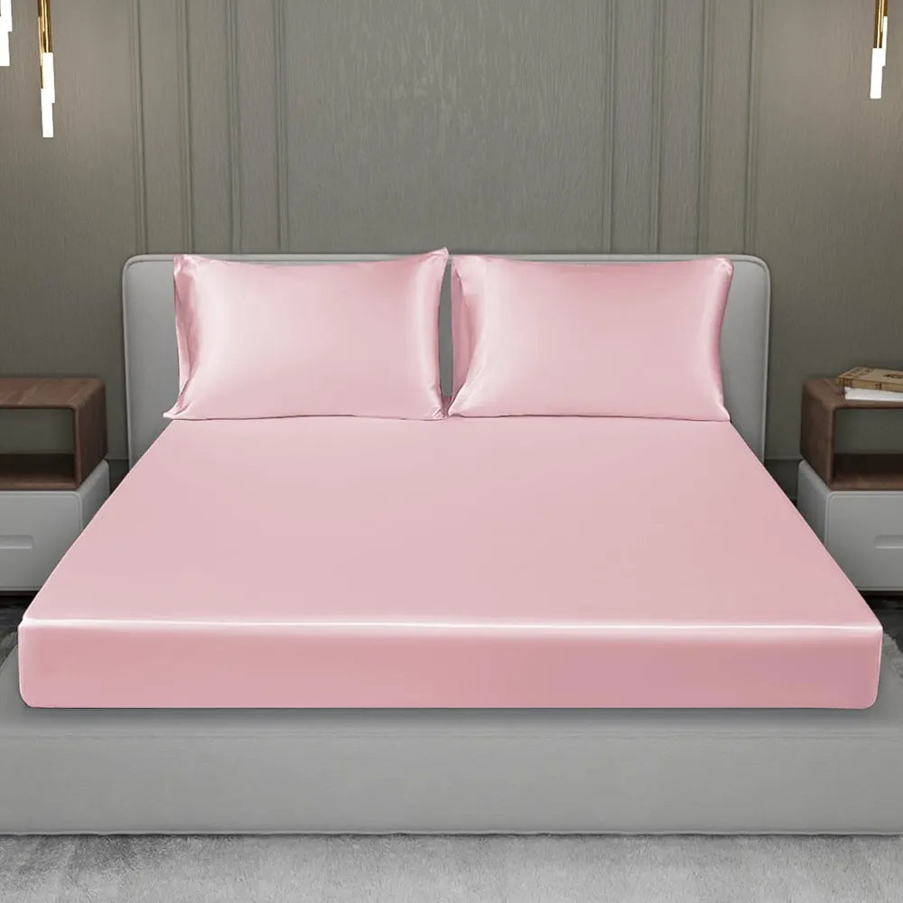 Cloth Fusion Satin Elastic Fitted Bedsheet for Double Bed King Size with 2 Pillow Covers H603 280 TC Baby Pink