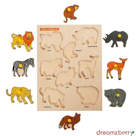 Dreamzberry Wooden Puzzles for Kids Colorful Wild Animal Kids Puzzle with Wooden Knob Learning