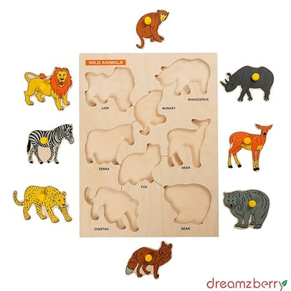 Dreamzberry Wooden Puzzles for Kids Colorful Wild Animal Kids Puzzle with Wooden Knob Learning
