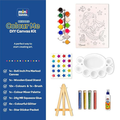 Mini Leaves DIY Art Set Colour Me Mermaid DIY Canvas Art Kit with Wooden Easel, Premium Paint Kit for Kids 6+ Years | Single Piece