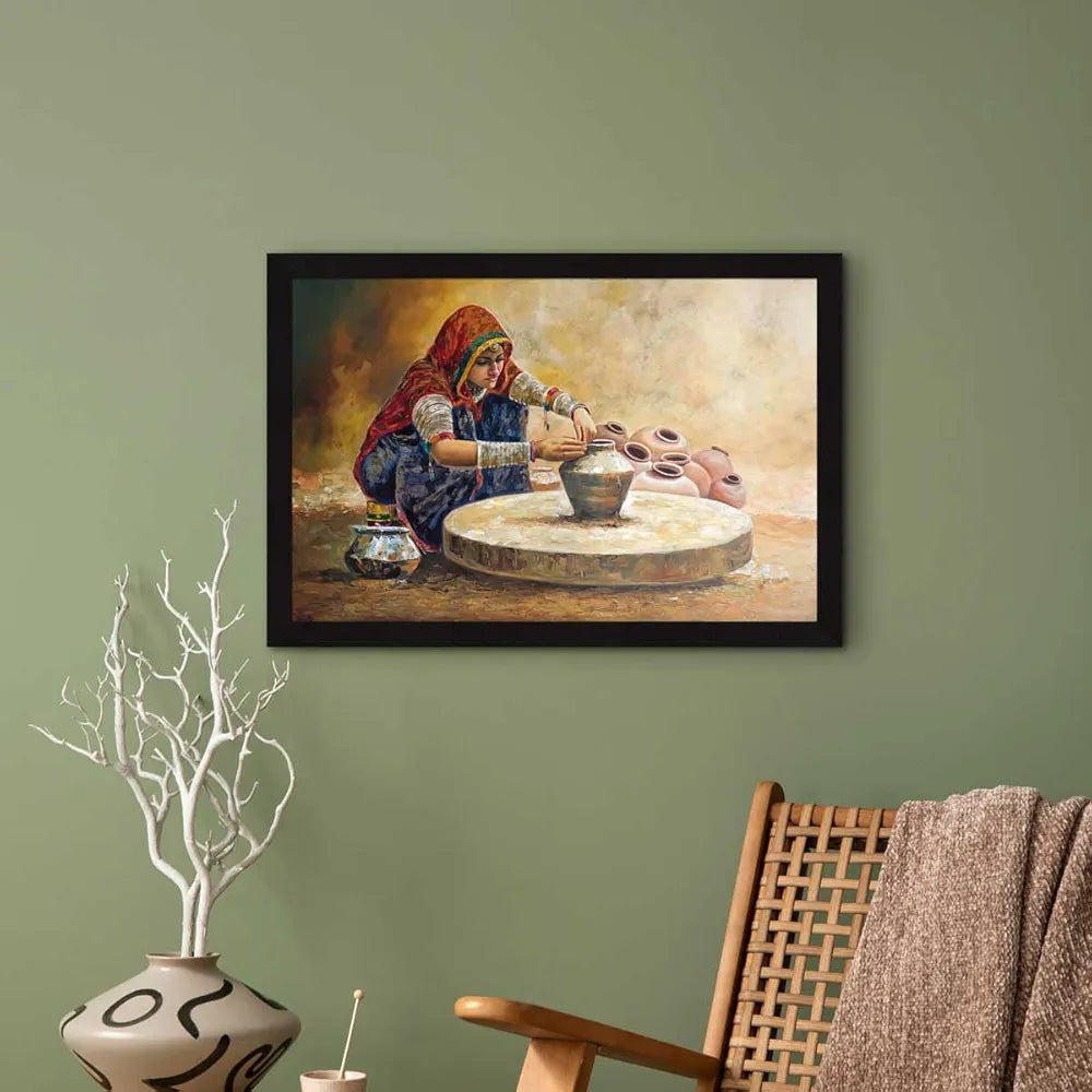 ArtX Paper Rajasthani Village Women Framed Wall Art Painting