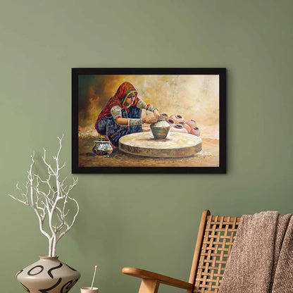 ArtX Paper Rajasthani Village Women Framed Wall Art Painting