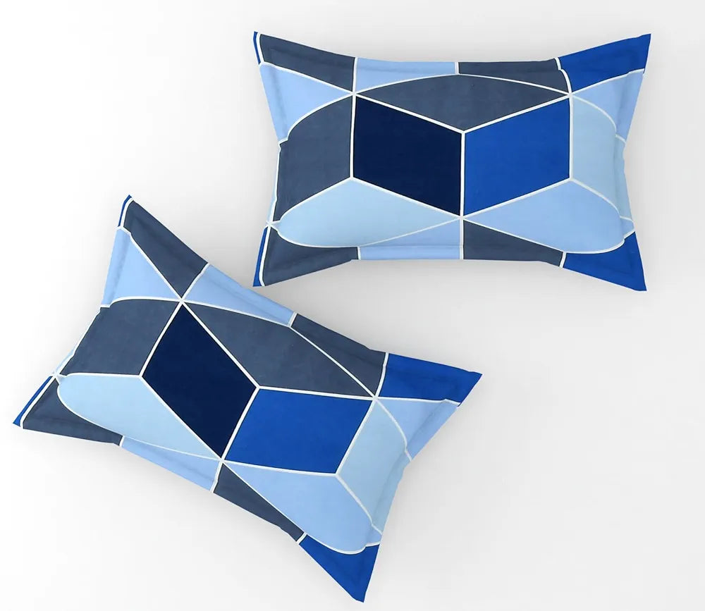 Fresh From Loom Soft Glace Cotton Fitted Bedsheet King Size Bed with Two Pillow Cover Elastic Geometric Bluish Multicolor 144 TC