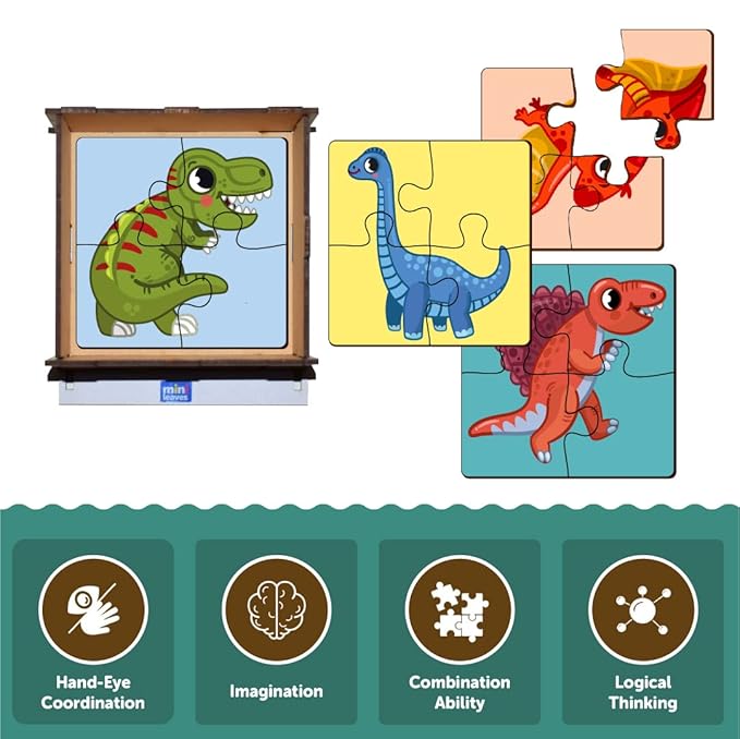 Mini Leaves 4 Pieces Wooden Puzzle for Kids | Set of 6 Dinosaurs Jigsaw Puzzle | Educational Puzzle Game With Wooden Box