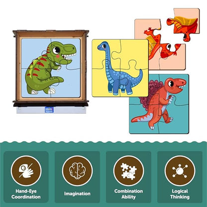 Mini Leaves 4 Pieces Wooden Puzzle for Kids | Set of 6 Dinosaurs Jigsaw Puzzle | Educational Puzzle Game With Wooden Box