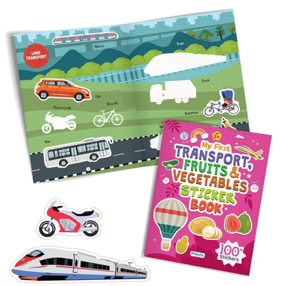 My First Transport, Fruits & Vegetables Sticker Book | 16 Pages + 8 Sticker Sheets of Fun Learning Activities for Kids Ages 3+ | Fun Preschool Activity Book by Majestic Book Club