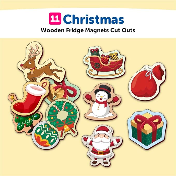 Mini Leaves Colorful Christmas Santa Claus Wooden Fridge Magnets Cut Outs Multicolor Set of 11| Festive Season Fridge Magnetic Toys