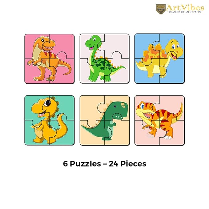 Artvibes Dinosaurs Wooden Jigsaw Puzzle Games for Children & Kids Age 2-5 | Toddler's Wooden 4 Pieces Puzzle | Set of 6