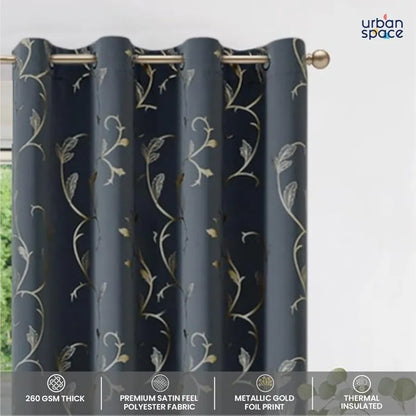 Urban Space Pure Blackout Opaque Curtains for Living Room, Gold Foil Printed Luxurious Blackout Opaque Curtains 1 Piece Pack Floral Vine Grey