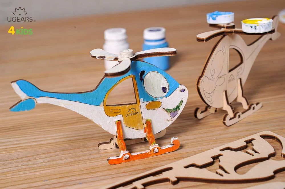 UGEARS Helicopter - 3D Wooden Jigsaw Puzzle - Coloring Kit - STEAM Learning Brain Game for Kids, Ages 5+, 8 Pieces