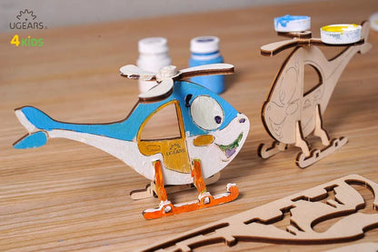 UGEARS Helicopter - 3D Wooden Jigsaw Puzzle - Coloring Kit - STEAM Learning Brain Game for Kids, Ages 5+, 8 Pieces
