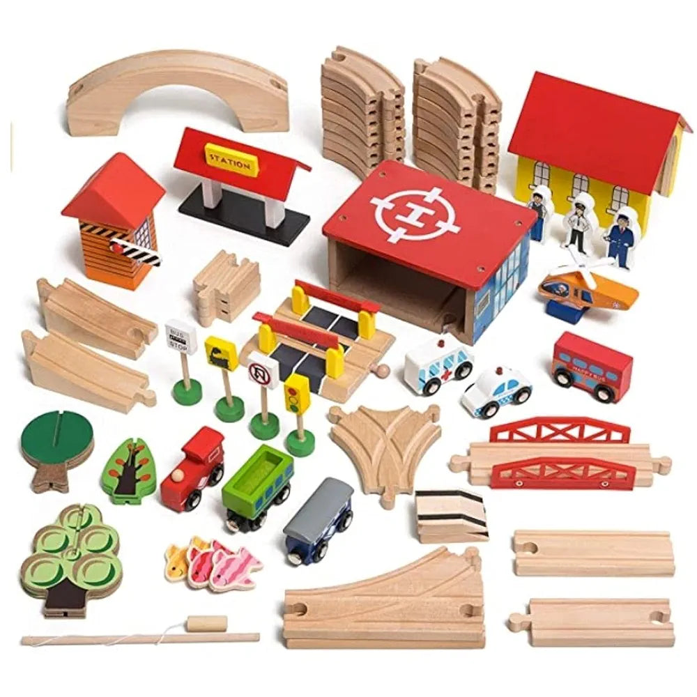 NESTA TOYS - 69 Pieces Train Track Set | Railway Track with Vehicles, Bridges, People, and Buildings 