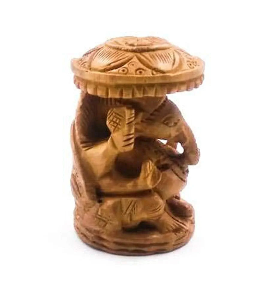 Shri Handicrafts 3" Hand Carved Lord Ganesha with Umbrella Wooden Decorative Idol
