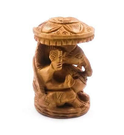 Shri Handicrafts 3" Hand Carved Lord Ganesha with Umbrella Wooden Decorative Idol