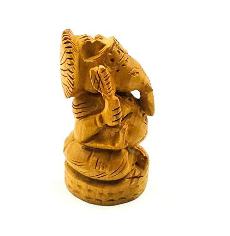 Shri Handicrafts 2.5" Hand Carved Lord Ganesha Wooden Idol Sculpture Home Decorative Figurine