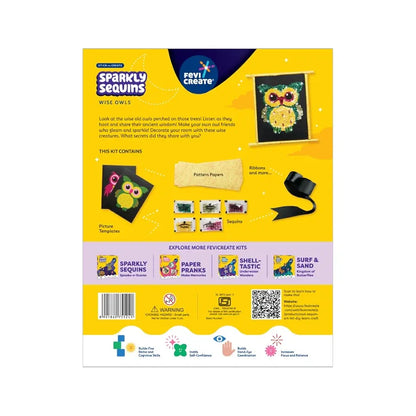 Fevicreate Sequin Art Owl Craft Kit | Sequin Art Fridge Magnets on Owl Templates with Multi-coloured Sequins, Magnets & more | Boost child's creativity | By Fevicol | Return Gift for Kids Age 5+ years