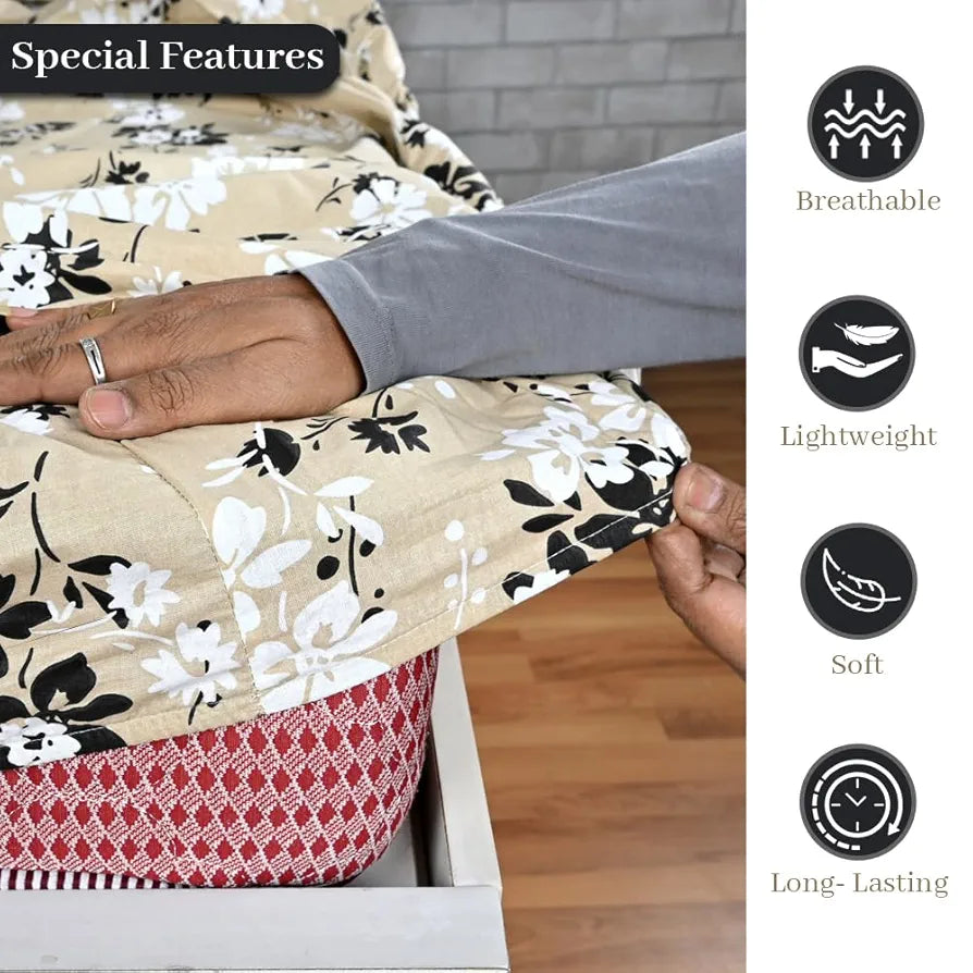 Divine Casa Floret 100% Cotton Double Fitted Bedsheet 144 TC Colour Ivory Sunflowers