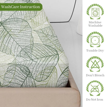 Divine Casa 100% Cotton Fitted Bedsheet for Double Bed Dry Leaf Print Colour Olive Green Elastic Fit Soft & Breathable with 2 Pillow Covers