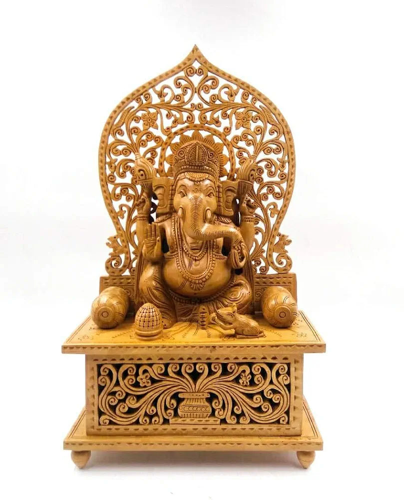 Shri Handicrafts Wood Lord Ganesha Sitting on Mehrav Standard Brown