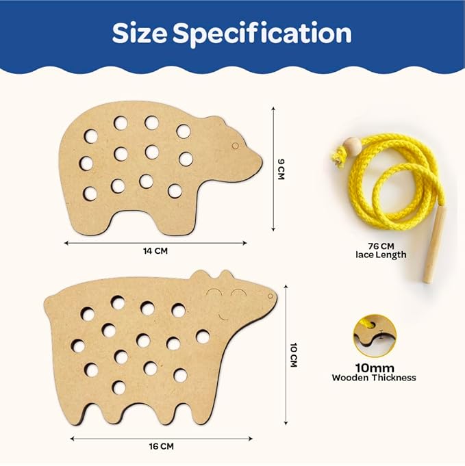 Mini Leaves Lacing Activity for Kids | Wooden Lacing Toys for Toddlers | Fine Motor Skill Toys | Pack of 2 | Bear and Mouse