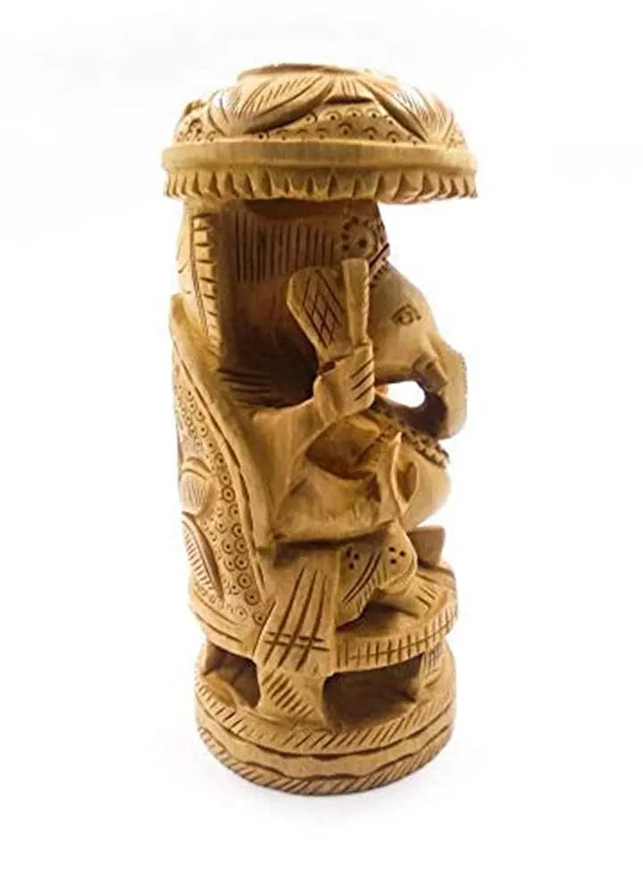 Shri Handicrafts 6" Hand Carved Lord Ganesha with Umbrella Wooden Idol