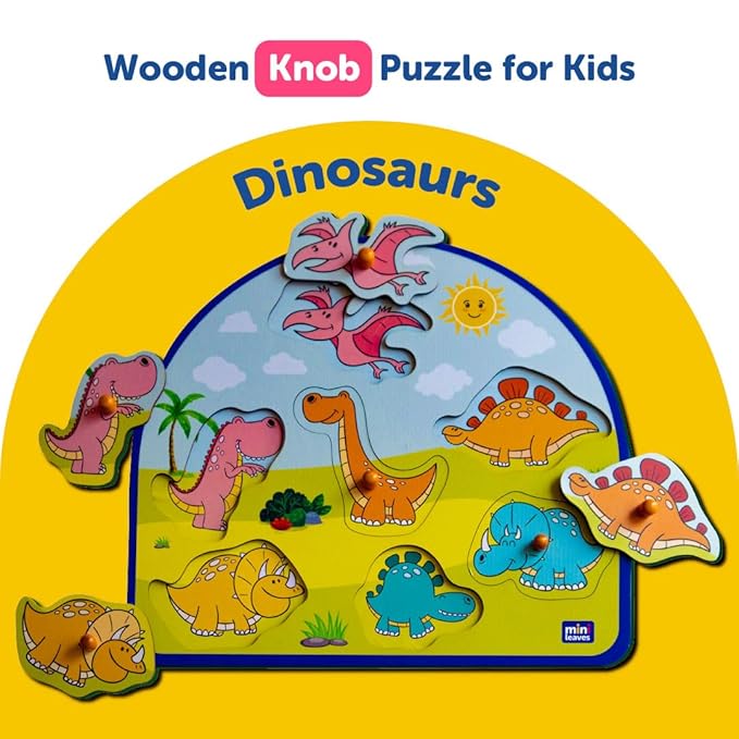 Mini Leaves Stomping Dinos Wooden Knob and Pegged Puzzle for 2+ Years Kids | Montessori Wooden Toys | Shape Sorter