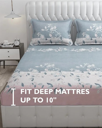 Fresh From Loom King Size Floral Print Microfiber Bedsheet Set 240 TC Anti Fade Includes 2 Pillow Cover Astar-Denim