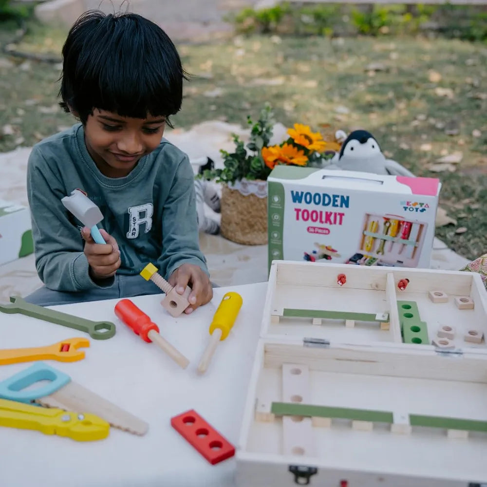 NESTA TOYS - Wooden Tool Kit Set with Tool Box | Pretend Play Portable Construction Tools Kit Toys for Kids | 33 Piece 