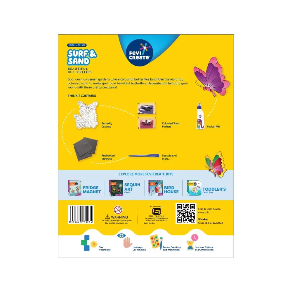 Fevicreate Sand Art Butterflies Art & Craft Kit | Includes Butterfly Templates, Multi-Coloured Sand, Magnet Strip, Spatula & More | by Fevicol | Best Gift for Boys & Girls Age 5+ | Return Gift