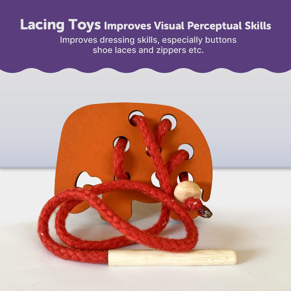 Mini Leaves Lacing Activity for Kids | Wooden Lacing Toys for Toddlers | Preschooler Educational Fine Motor Skill Toys | Elephant