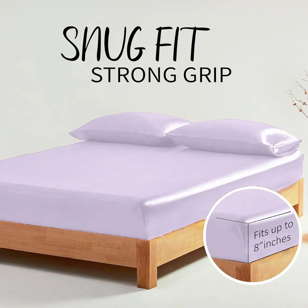 Cloth Fusion Satin Elastic Fitted Bedsheet for Double Bed King Size with 2 Pillow Covers H603 280 TC Lilac Colour