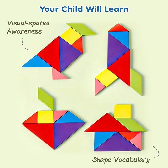 Firstcry Intelliskills Intelliskills 43 Pieces Wooden Tangram Puzzle | 7 Blocks With 36 Activity Cards Montessori Educational Gift for Kids