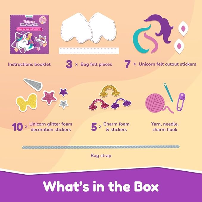 Bloomingo Art & Craft Kit - Unicorn Sling Bag | Fun Mess Free Arts & Craft Kit for Kids | Design Your Own Magical Diy Craft Bag