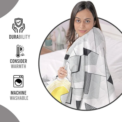 Divine Casa Super Soft Geometric 120 GSM Microfiber Winter Single Bed Size Quilt Comforter TC - 120 Colour Bright White and Black