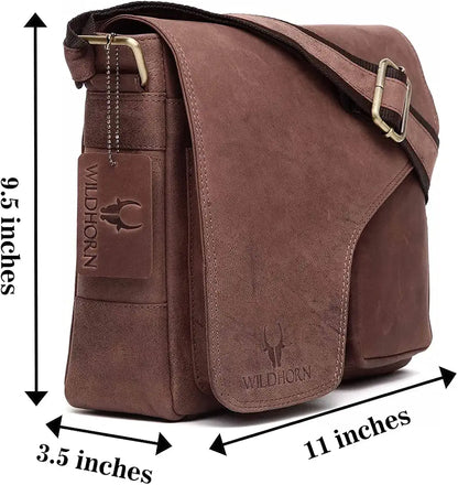 WildHorn�Leather 11 inch Laptop Messenger Bag for Men I Dedicated Laptop Compartment I Adjustable Strap I DIMENSION:L- 11 inch H-9.5 inch W- 3 inch