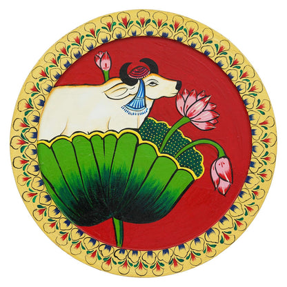 Hand-Painted Pichwai with Cow and Lotus Flower