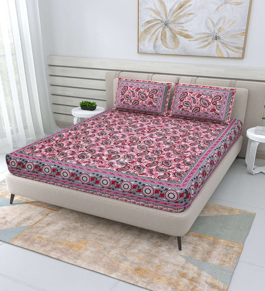 100% Pure Cotton Traditional Printed Bedsheet for Double Bed King Size Bedsheet with 2 Pillow Covers