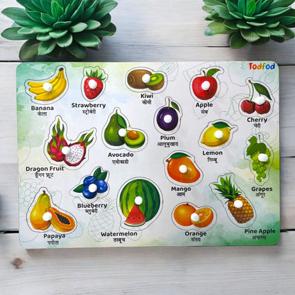 Wild Animals & Fruit Characters Knob & Pegged Puzzle for Kids