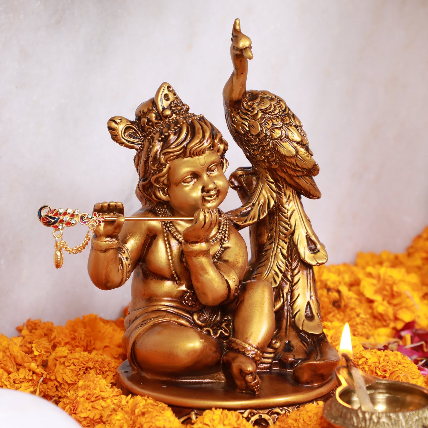Artarium Seated Baby Krishna with Peacock Idol