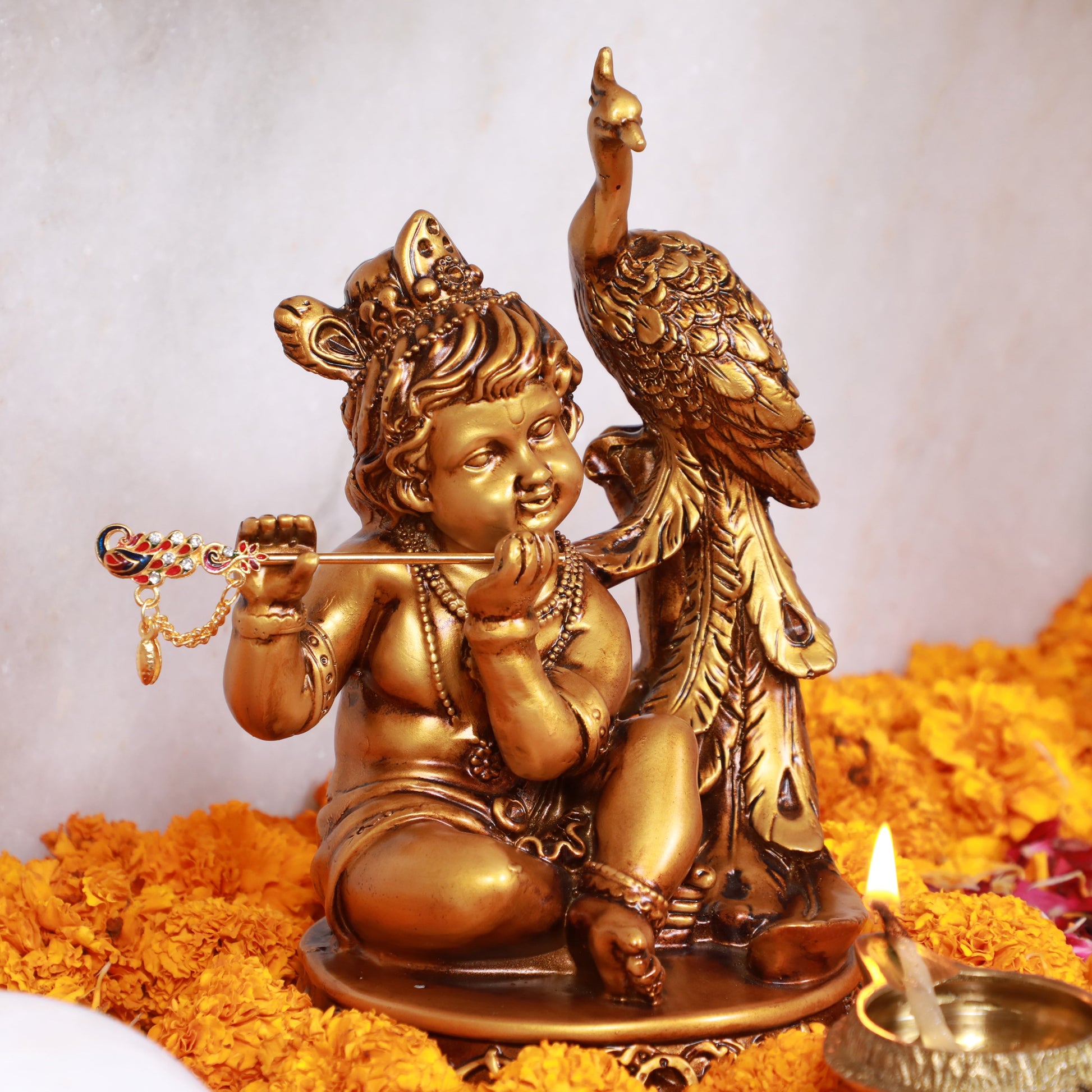 Artarium Seated Baby Krishna with Peacock Idol