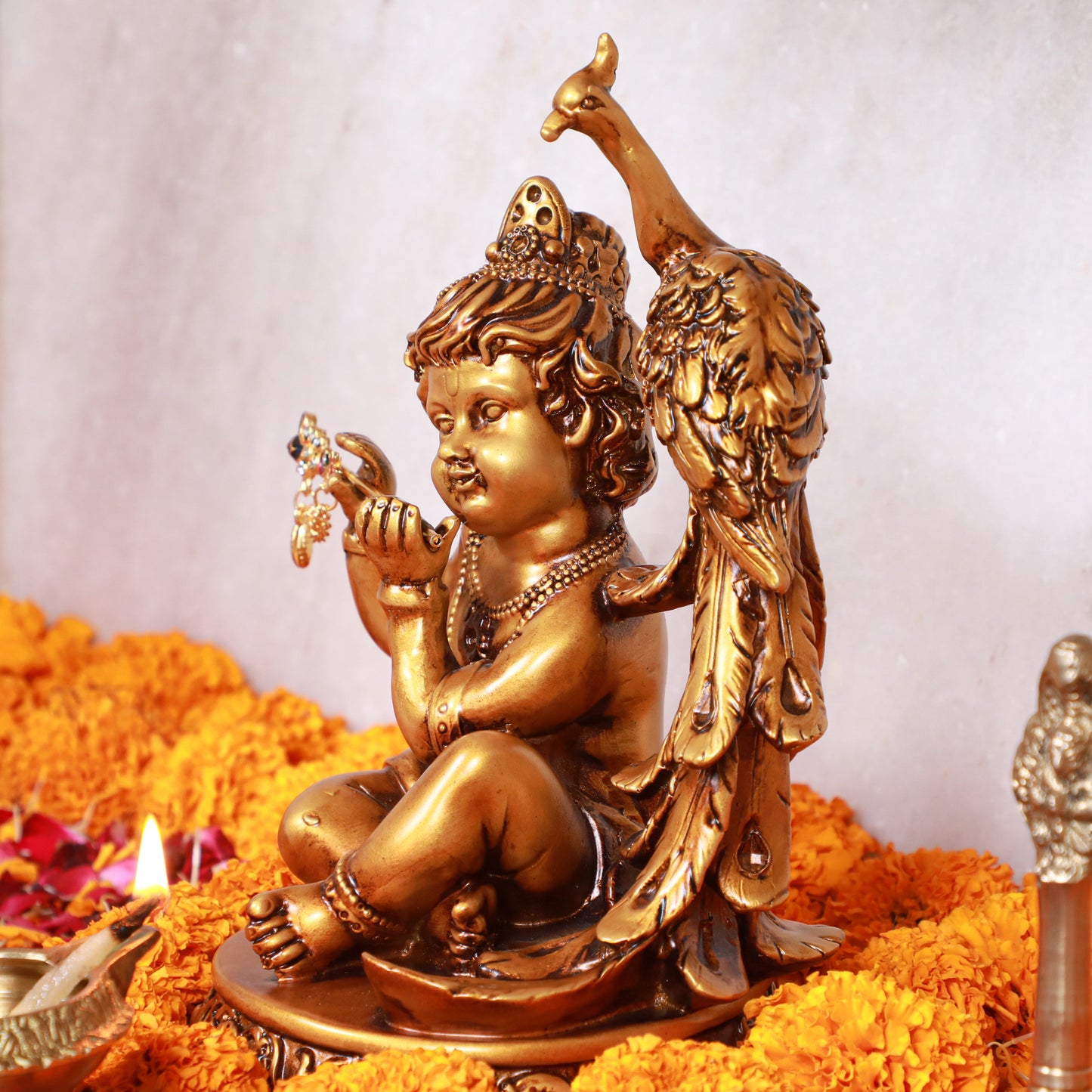 Artarium Seated Baby Krishna with Peacock Idol