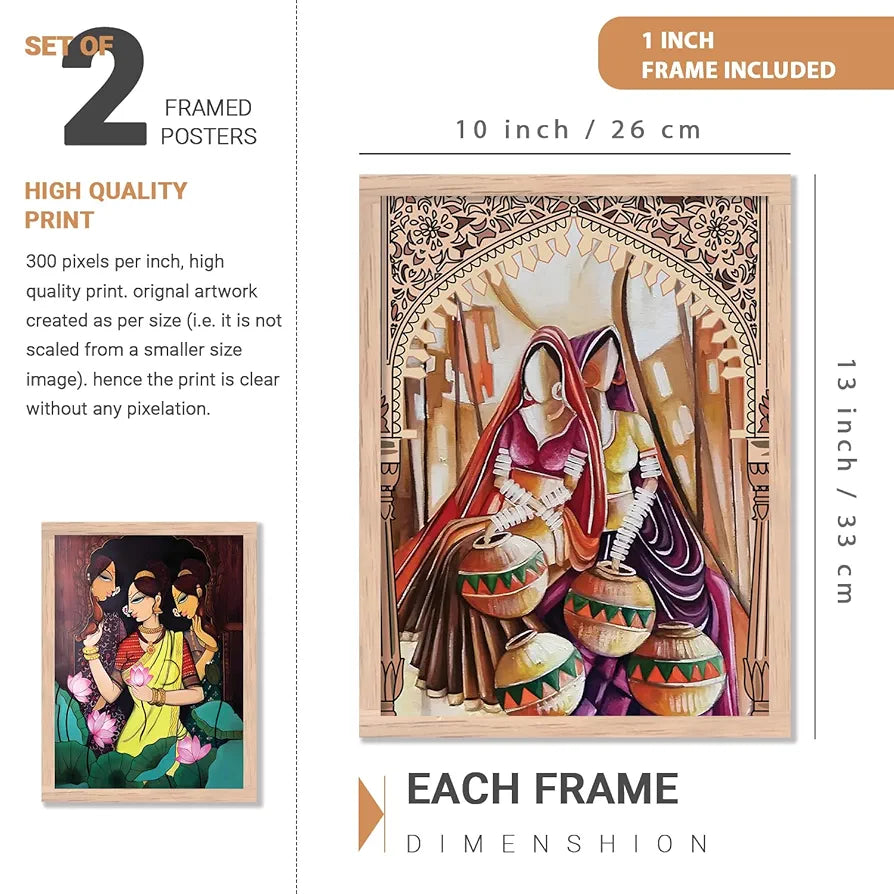 Kotart Traditional Woman Painting with Frame Madhubani Art Painting Pack of 2