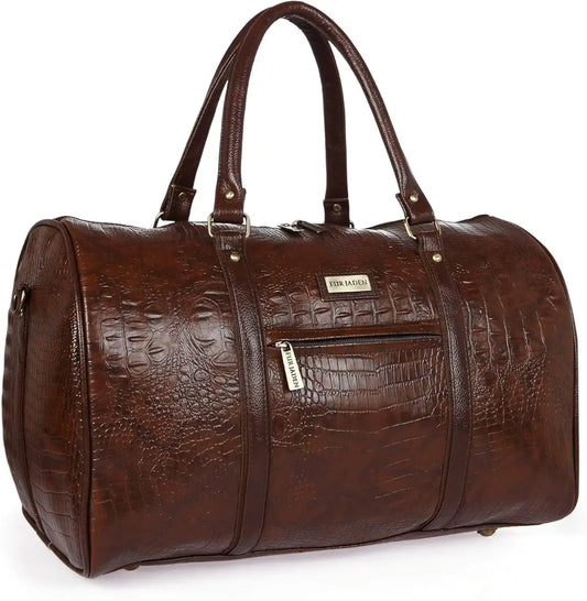 Fur Jaden Brown Textured Leatherette Stylish & Spacious Weekender Duffle Bag for Travel for Men and Women