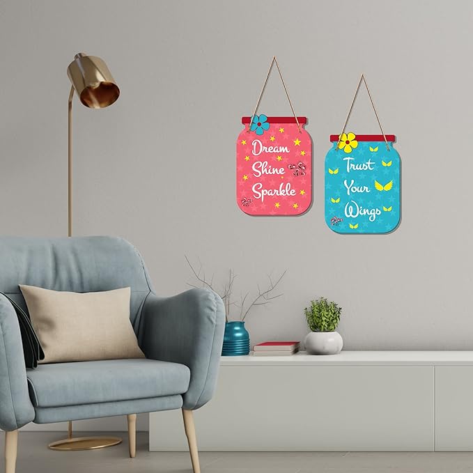 Artvibes Dream Shine Sparkle Quote Decorative Art Mdf Wooden Hanger for Living Room | Set of 2