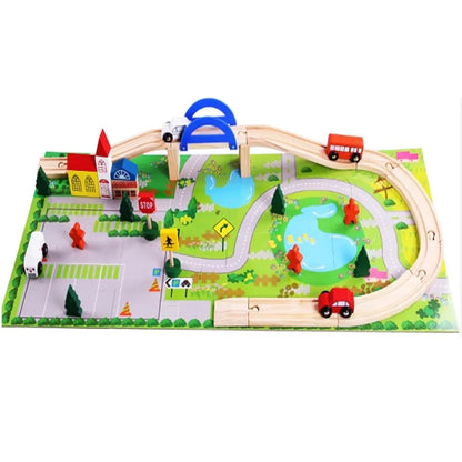 KIDS KINDLY Wooden Railway Overbridge Vehicles Set Toy for Kids  | Wooden Cars | Rail Overpass | Traffic Signals, Signboards & Buildings | Monteszori Jigsaw Puzzle Boys & Girls | 3+ Years